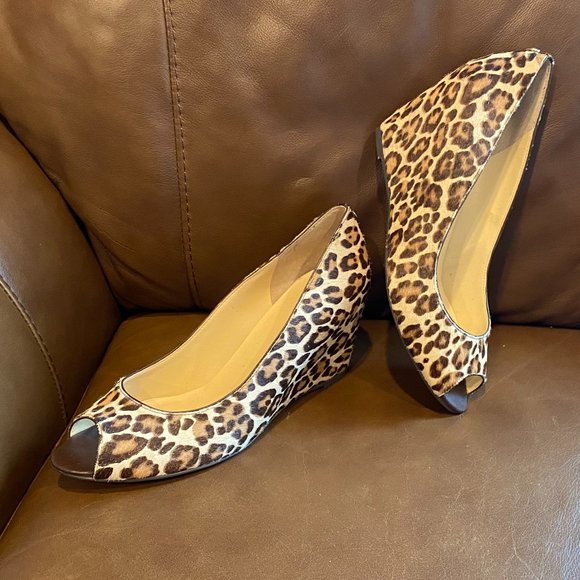 Ivanka Trump Shoes - Ivanka Trump Leopard Print Peep Toe Wedge Leather Shoe Size 9 1/2 Leelas